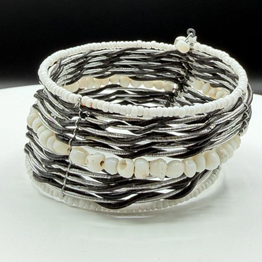White Beaded Multi Strand Cuff Bracelet Boho Statement Layered Festival Gift
